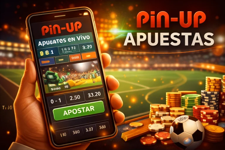 Apuestas en vivo de Pin Up Casino mostradas en un móvil durante un partido de fútbol, con fichas, monedas y el estadio iluminado de fondo.