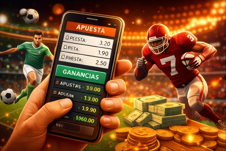 Apuestas deportivas en Pin Up con cuotas en tiempo real en un smartphone, jugador de fútbol americano en acción y ganancias representadas con monedas y billetes.